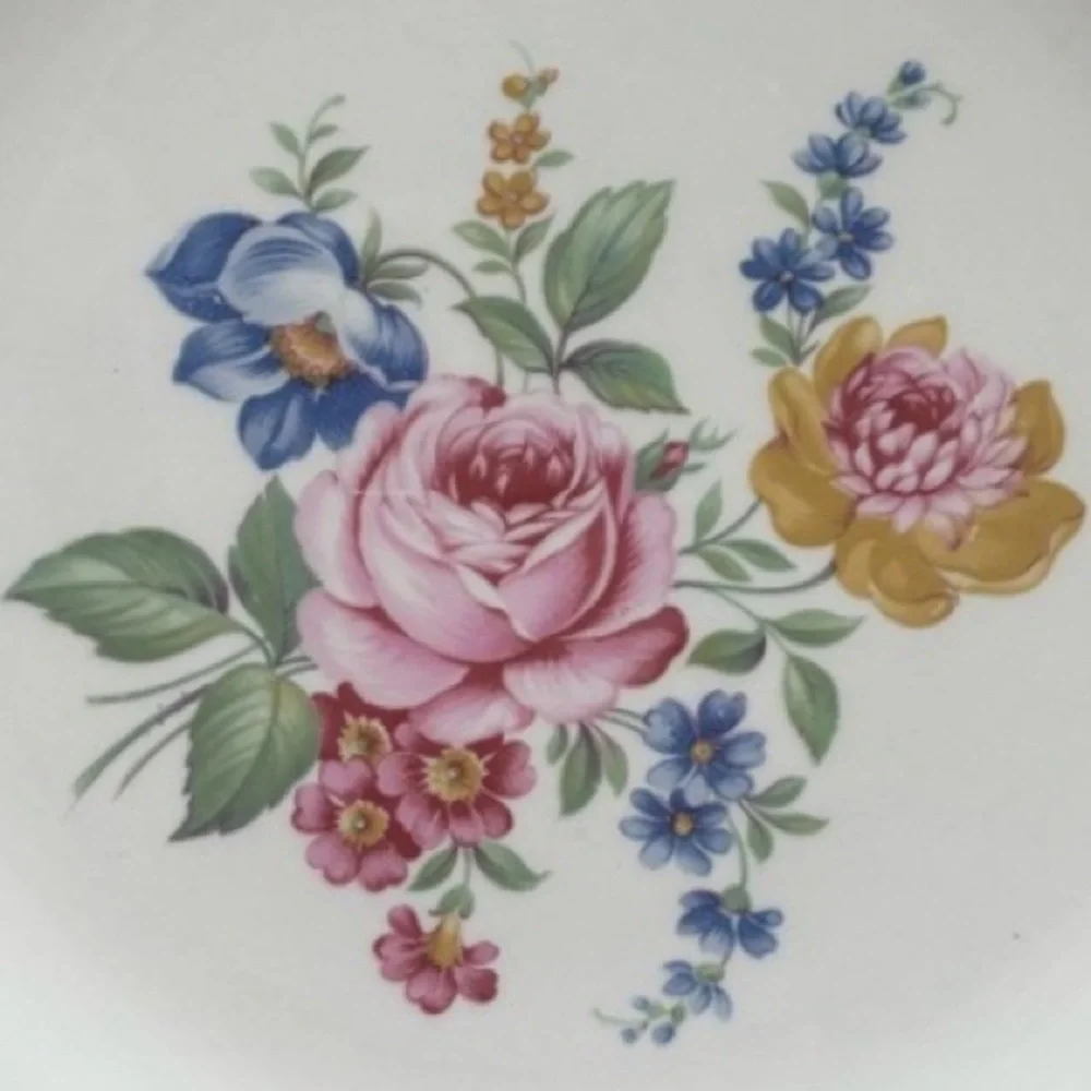 Vintage Floral Plate Scio Ohio Cottage Core White Cream Rose Blue Green Gold Rim